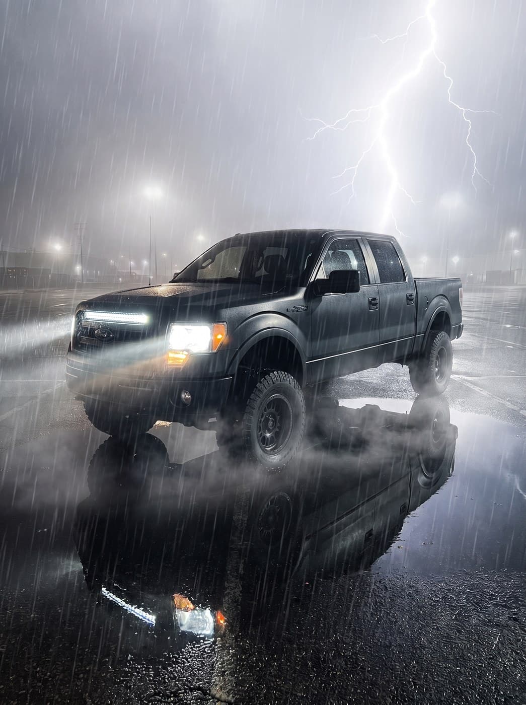 The truck in a thunderstorm at night, lightning striking behind it.