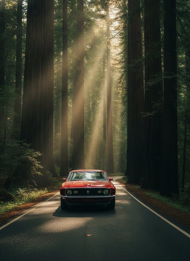 Redwood Corridor — Shafts of light through giant trunks